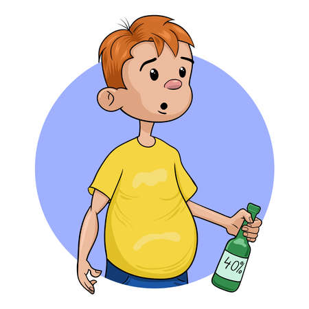 Young man with a bottle of alcohol. The guy is addicted to drinking. A drunkard with a bottle. Vector illustration in cartoon style.のイラスト素材