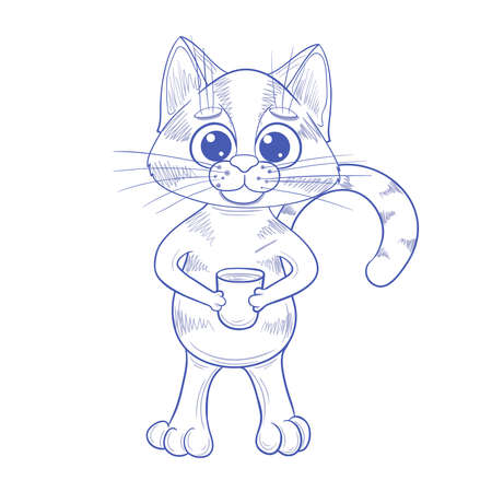 Cute kitten with a cup in its paws. Vector illustration of a funny cat in cartoon style on a white background.のイラスト素材