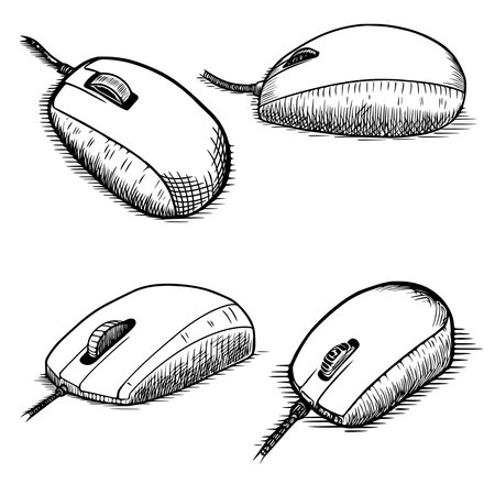 A set of drawings of a computer mouse. Vector sketches in doodle style isolated on white background.のイラスト素材