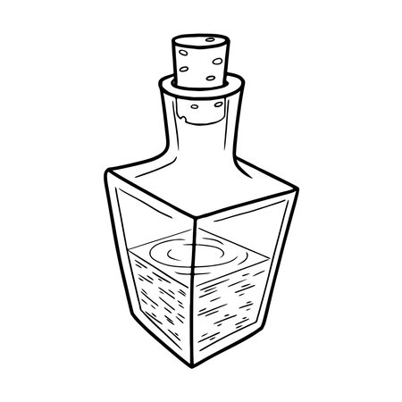 Sketch of a bottle of poison or elixir. magic dishes. Vial for the witch's potion. Black and white freehand drawing in doodle style.のイラスト素材
