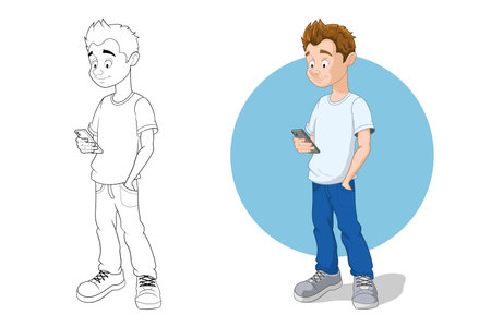 The guy stands with the phone and looks at the screen of the gadget. Vector illustration of a teenager with a smartphone isolated on a white background.のイラスト素材