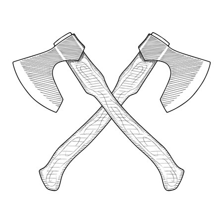 Crossed axes in the doodle style isolated on a white background. A quick sketch drawn by hand. Vector drawing of crossed axes for design.のイラスト素材
