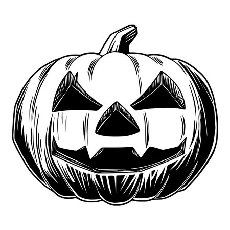 Halloween pumpkin sketch. Vector illustration of a terrible pumpkin with cut out eyes and mouth. Hand-drawn drawing isolated on white background.のイラスト素材
