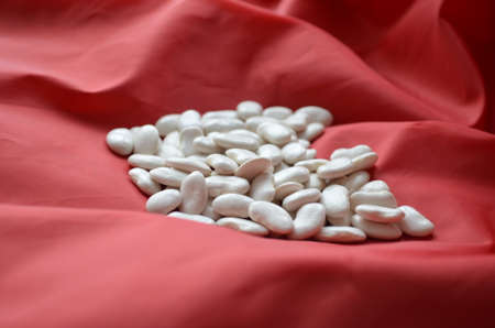 White green beans legumes on red backgroundの写真素材