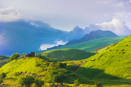 Summer landscape with green field, wooden house in a forest and mountains on a blue skyの写真素材