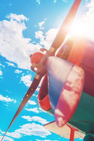 Detail of the propeller of acolorful airplane at the airport. Plane motor with propeller.の写真素材