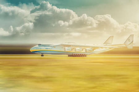 Hostomel, Ukraine - May 10, 2016: AN 225 Mriya, the largest aircraft ever built, departs from runway on Hostomel Airport to Prague, world tour. Hing speedのeditorial素材