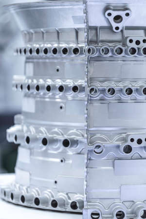 Close up of airplane engine components during maintenance.