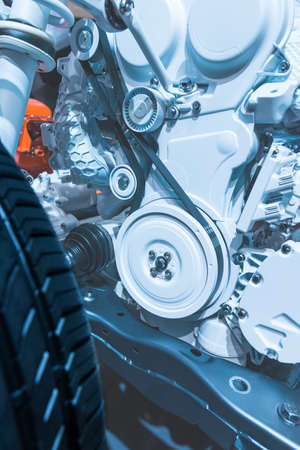 Chassis of the electric, hybrid car with powertrain. Car maintenance. Blue toned.の写真素材