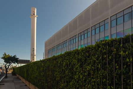 FLORIDA, USA, 27th August 2019, SpaceX headquarters with Falcon 9 rocket on background at Hawthorne, Los Angeles.のeditorial素材
