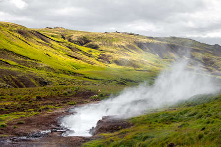 Wonderful icelandic nature landscape. High mountains, geothermal mountain river and green grassland. Sheeps taking rest in steam background.の写真素材