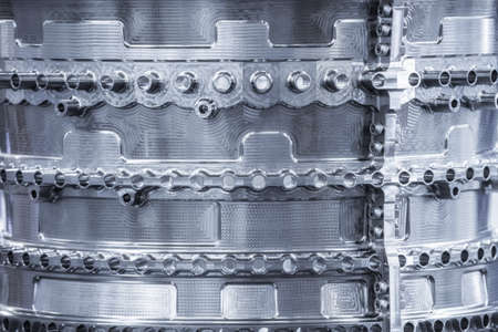 Turbine Engine. Aviation Technologies. Aircraft jet engine detail during maintenance. Blue toned.の写真素材