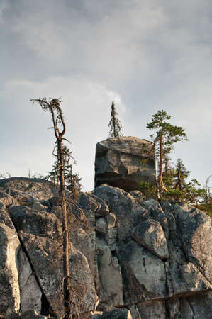 A huge split boulder lies among the trees on the mountain topの写真素材