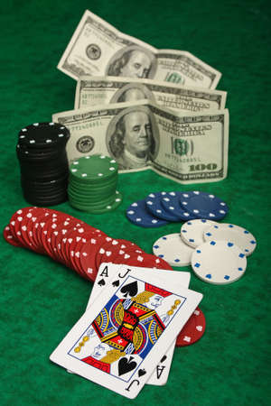 A winning blackjack hand with gambling chips