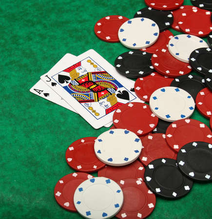 A winning blackjack hand with gambling chipsのeditorial素材