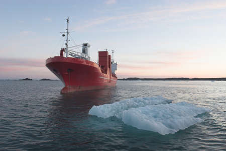Big red ship in the Arctic fjordの写真素材