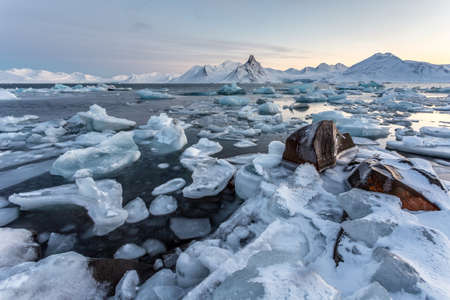 Typical Arctic winter landscape - frozen glacier ice in the fjordの写真素材