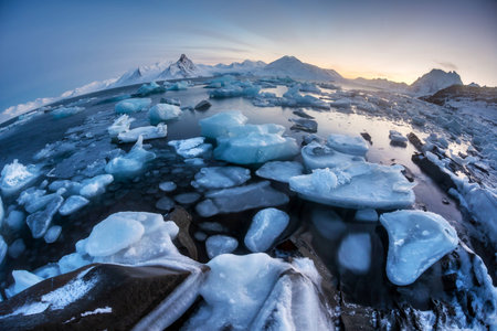 Unusual Arctic winter landscape - glacier ice in the sea