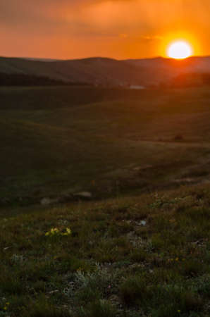 Sunset field among hills
