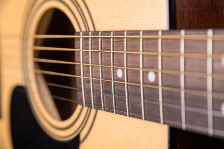 Wooden acoustic guitar isolated by large horizontal frame for the whole plan