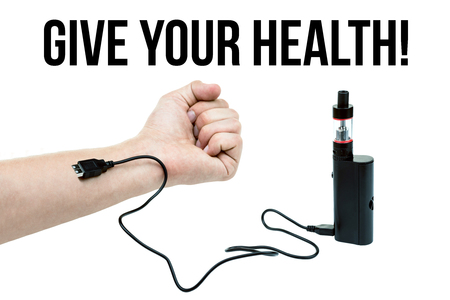 vape connected to a man's hand with a usb cable, on a white isolated background. Inscription give your healthの写真素材
