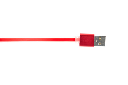 Red usb connector cable on white isolated background.