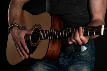 Playing guitar. Acoustic guitar in the hands of the guitarist
