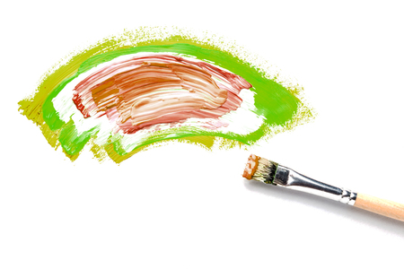 Abstraction for the background, a drawing with colorful paints and a brush on a white isolated background. Horizontal frameの写真素材