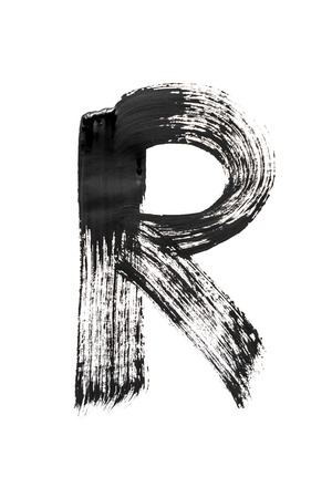 The English alphabet, the letter "R" is written in black paint on a white isolated background. Vertical frameの写真素材