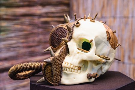 very beautiful chocolate cake in the form of a skull with a gas mask from the game stalker. Horizontal frameの写真素材