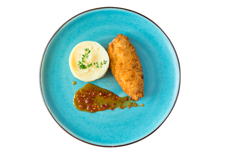 mashed potatoes, chicken nuggets and red sauce on a white isolated background. Horizontal frameの写真素材