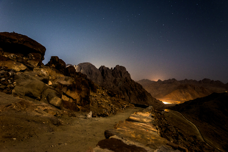 night landscape, bald mountains against a starry sky. Horizontal frameの写真素材