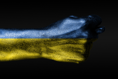 A hand with a painted Ukraine flag shows a fig on a dark background. Horizontal frameの写真素材