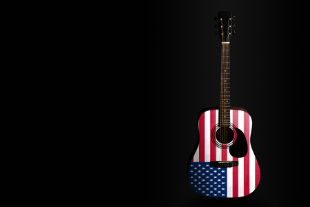 Acoustic concert guitar with a drawn flag usa, on a dark background, as a symbol of national creativity or folk song. Horizontal frameの写真素材