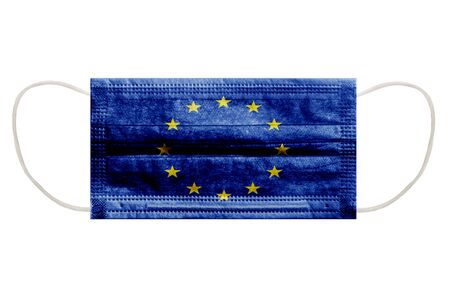 Mask from virus with EU flag on an isolated white background. Symbol of protection against...