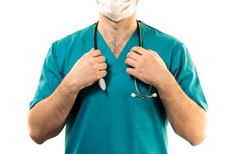 stethoscope on the neck at the surgeon close-up.の写真素材