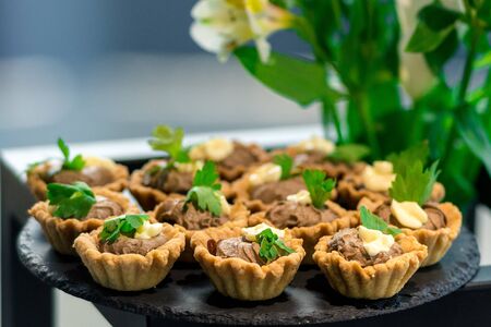 Many different meat canapes for the whole frame.の写真素材
