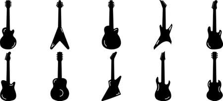 Icon set, silhouette of acoustic and electric guitars in different shapesのイラスト素材