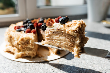 Savoyardi berry cake garnished with blackberries,blueberries and fresh figs on a wooden stand with hydrangea flowers on wooden table.Close up of cake in rustic style.の写真素材