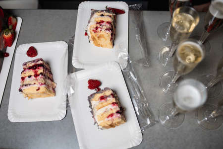 delicious dessert napolon served with champagne. photo of dessert in the interior.