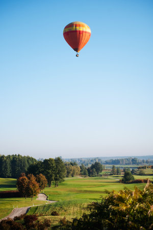Colorful balloons fly over the green landscape of the field and treesの写真素材