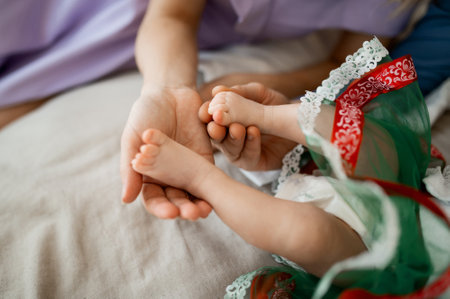 mother's hands holding baby's legs close-upの写真素材