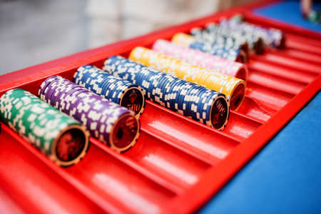 close-up of roulette and casino chipsの写真素材