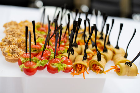 Beautifully decorated catering banquet table with different food snacks and appetizers with sandwich, caviar, fresh fruits on corporate party event or wedding celebrationの写真素材