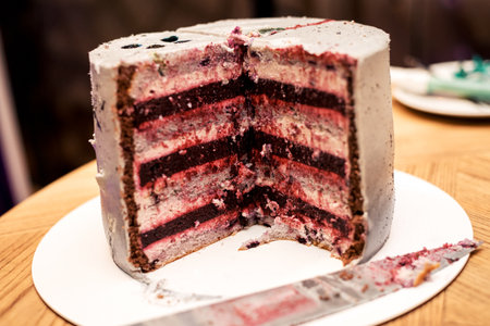 closeup cut puff red cakeの写真素材