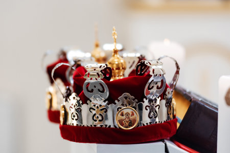 Elegant wedding crown or tiara preparing for marriage in churchの写真素材