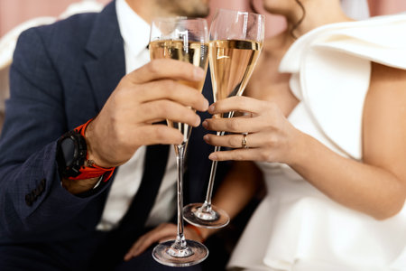 People clinking glasses of champagne against blurred background, closeup. bokeh effect