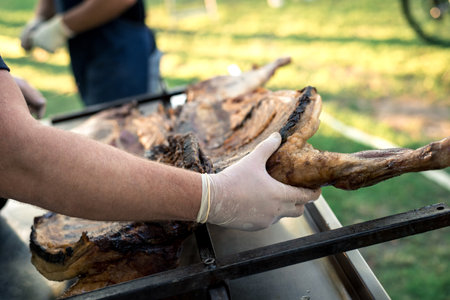the hands of the cook cut the greased carcass of the rabbitの写真素材