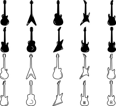 Icon set, silhouette of acoustic and electric guitars in different shapesのイラスト素材