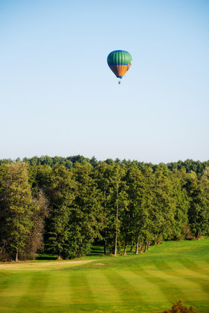Colorful balloons fly over the green landscape of the field and treesの写真素材